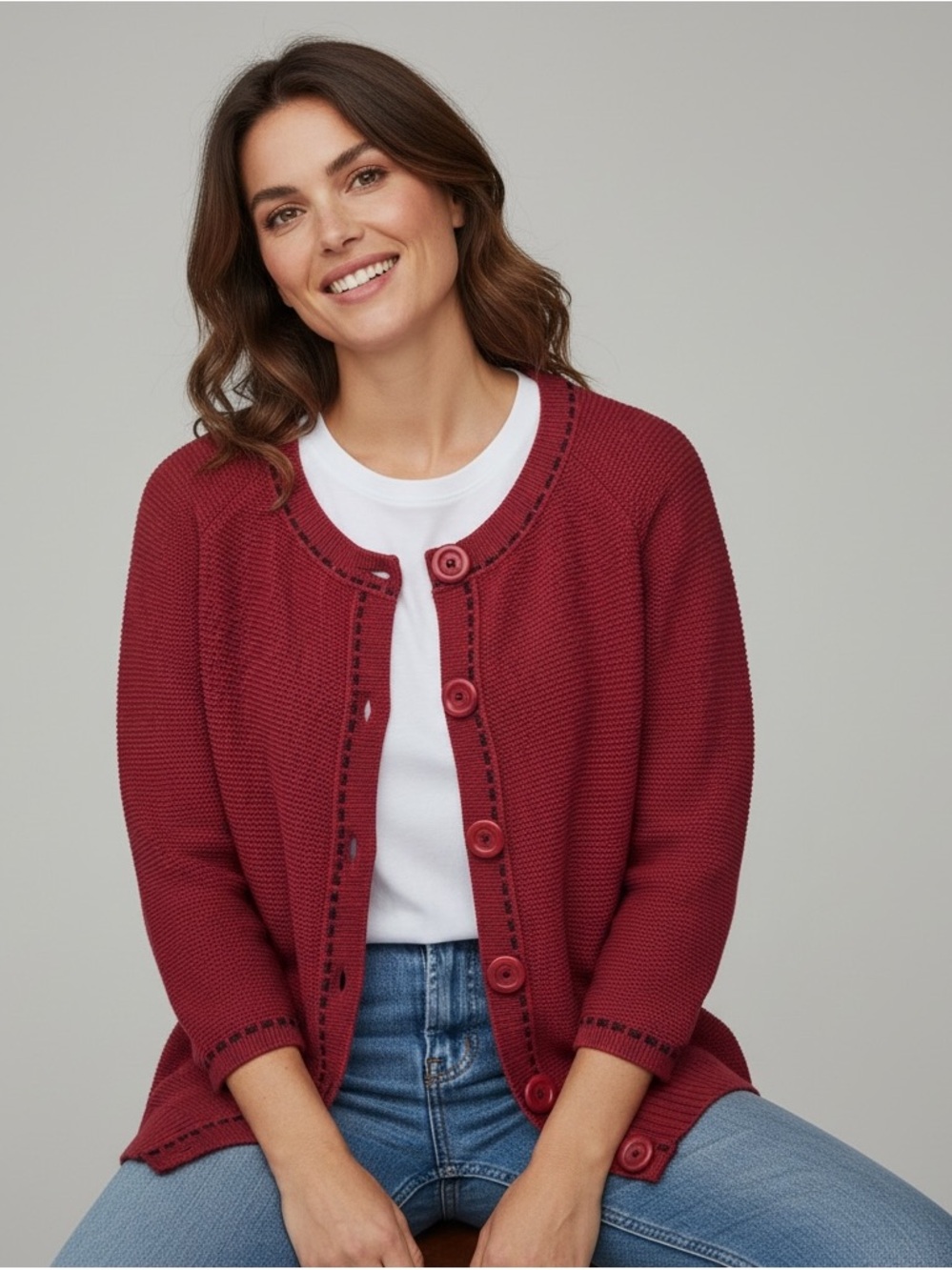 Ann Taylor LOFT Cranberry Red Reverse Knit Blanket Stitch Cardigan LP